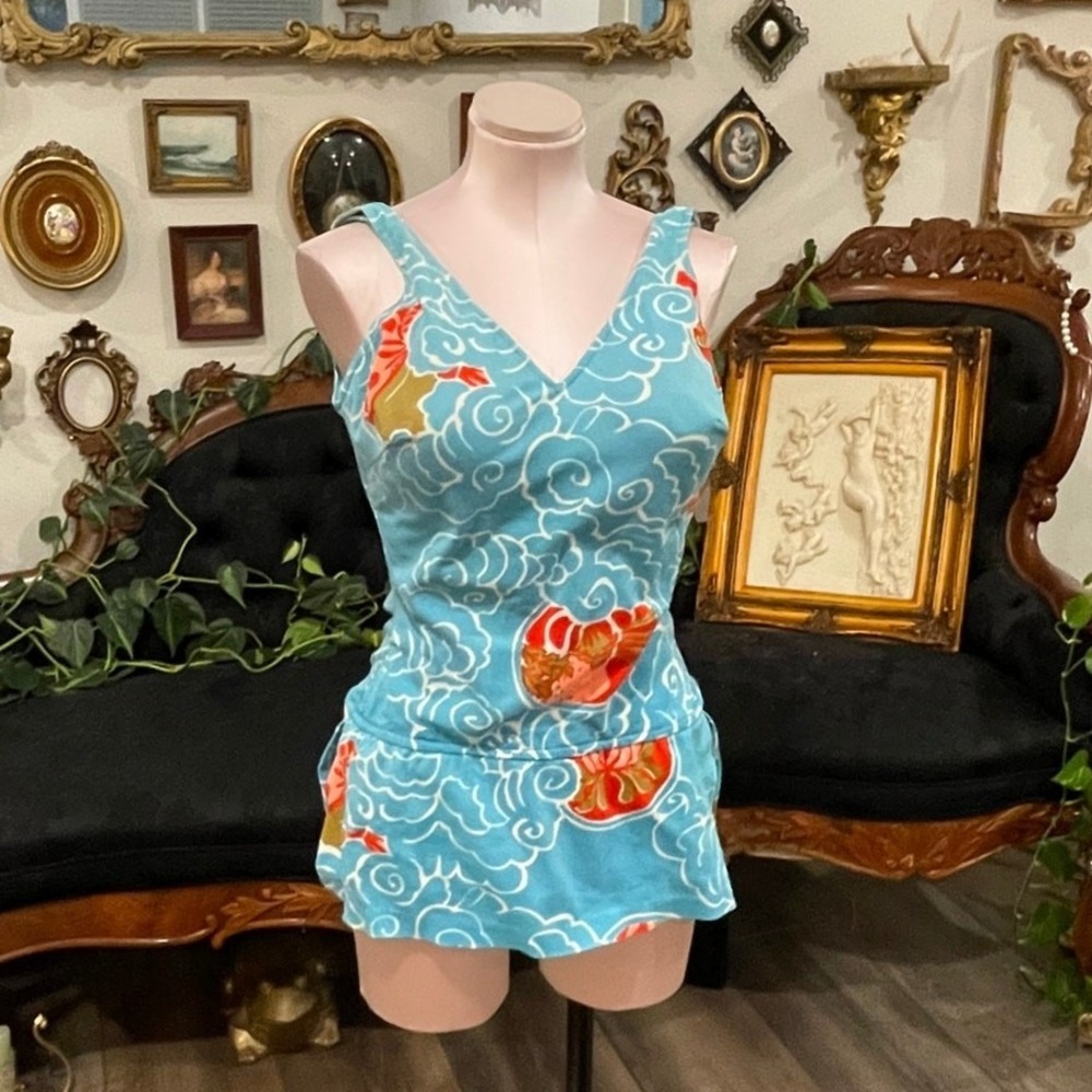 Vintage Floral V-Neck Linen Swim Dress Backless Sleeveless Size 12D Blue